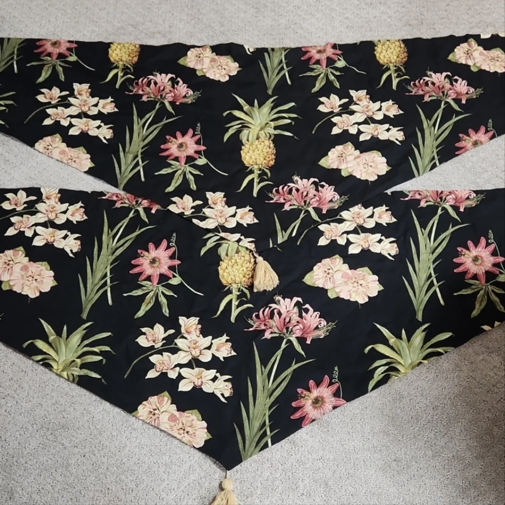 Waverly Tropical Floral and Pineapple Black & Pink Set Of Window Valances